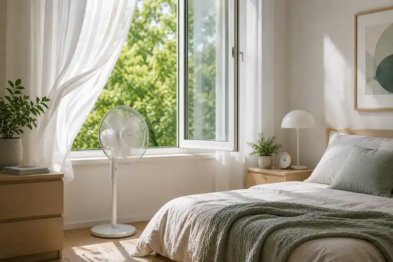 Bedroom with a fan near an open window