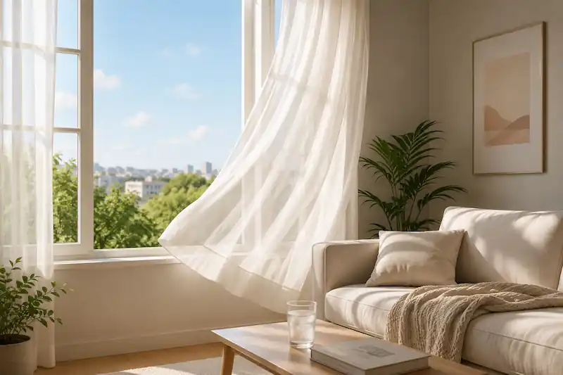 Bright living room with open window and light curtains